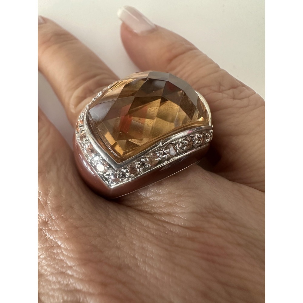 Brown Resin Dome Cocktail Ring Sz 7 Topaz Rhinestone Silver Tone Statement Rare